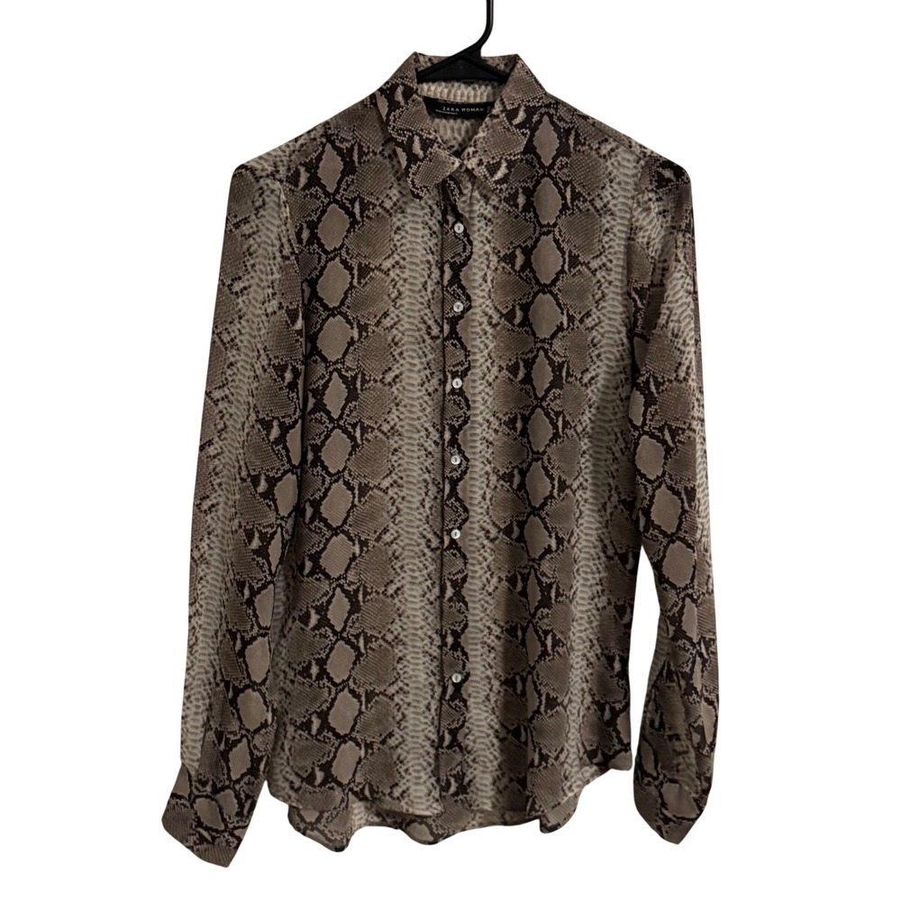 Zara Woman Snakeskin Print Button Down Shirt Brown Tan Python Blouse‎ XS